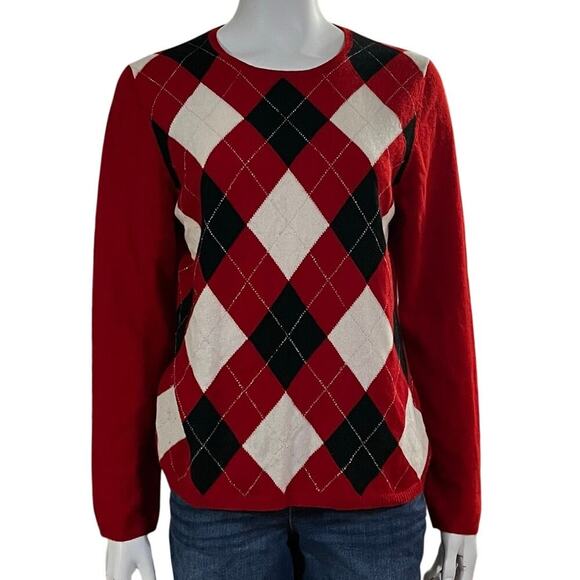 Charter Club Womens Argule Cashmere Red Black Sweater Size Large - Picture 1 of 7